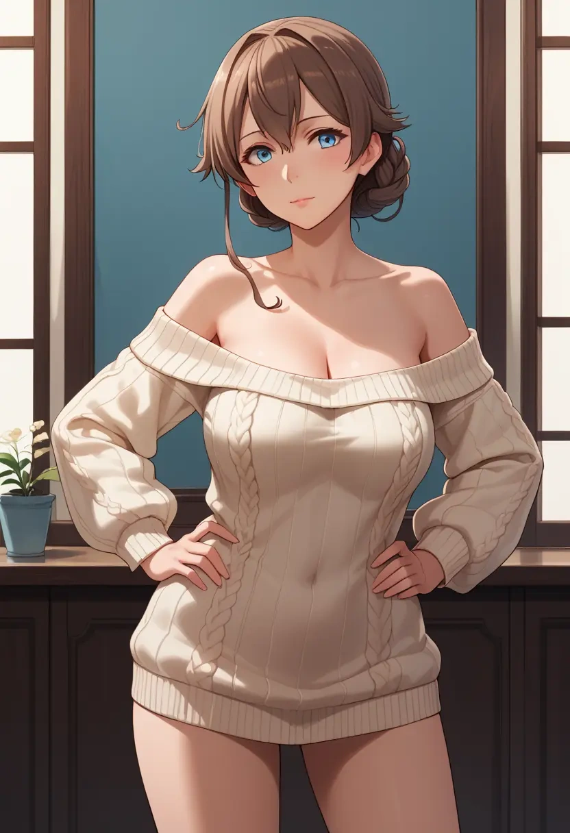 kantai_collection,hiei_(kancolle),Hands on hips,off-shoulder,sweater  - 