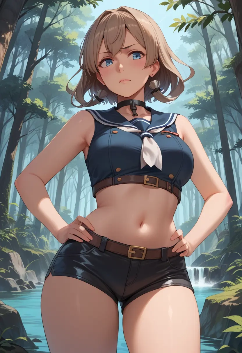 kantai_collection,hiei_(kancolle),leather,shorts,crop top  - 