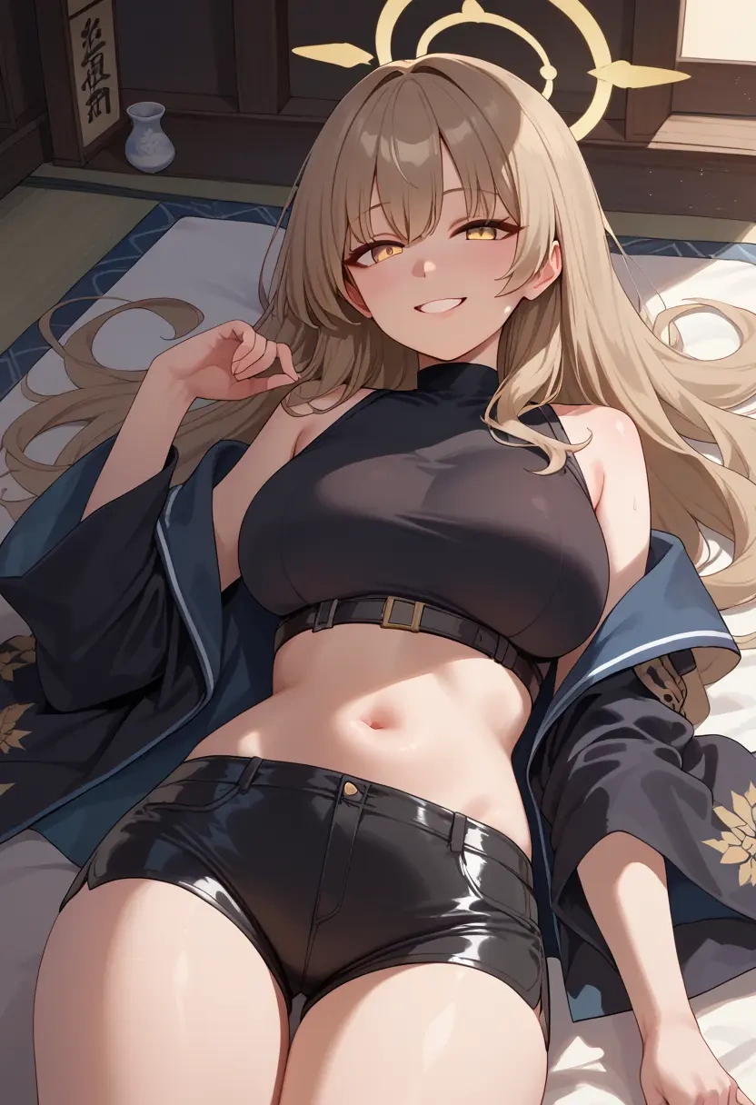 blue_archive,hifumi_(blue_archive),leather,shorts,crop top  - 