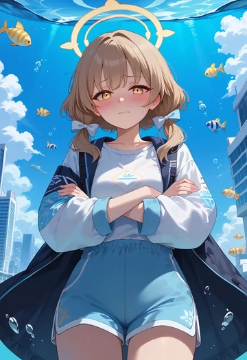 blue_archive,hifumi_(blue_archive),graphic tee,shorts,sneakers  - AI generated anime art