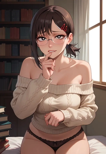 chainsaw_man,higashiyama_kobeni,sweater,panties,off-shoulder,glasses,sexy  - AI generated anime art