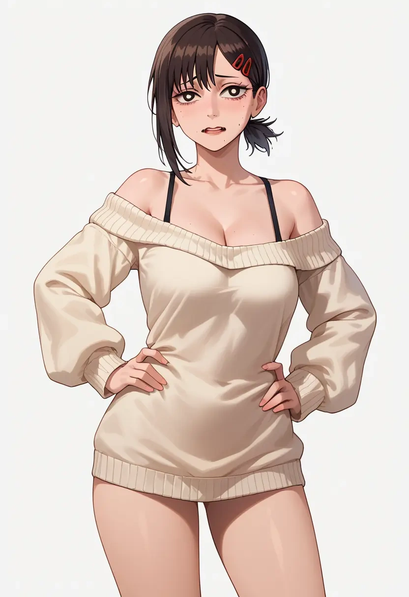 chainsaw_man,higashiyama_kobeni,Hands on hips,off-shoulder,sweater  - 