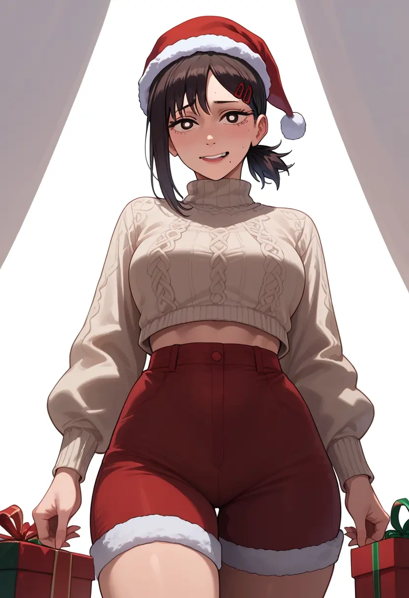 chainsaw_man,higashiyama_kobeni,Christmas,red velvet shorts,turtleneck sweater  - 