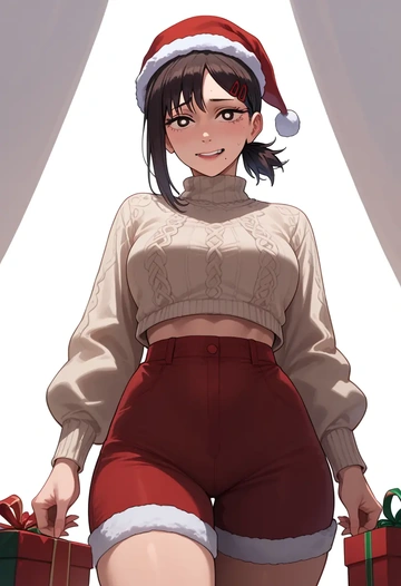 chainsaw_man,higashiyama_kobeni,Christmas,red velvet shorts,turtleneck sweater  - AI generated anime art