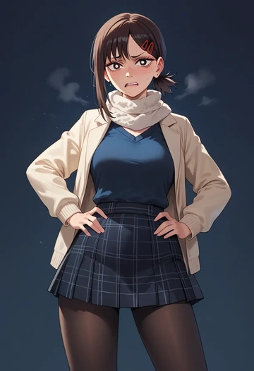 chainsaw_man,higashiyama_kobeni,winter,student uniform,down jacket  - AI generated anime art