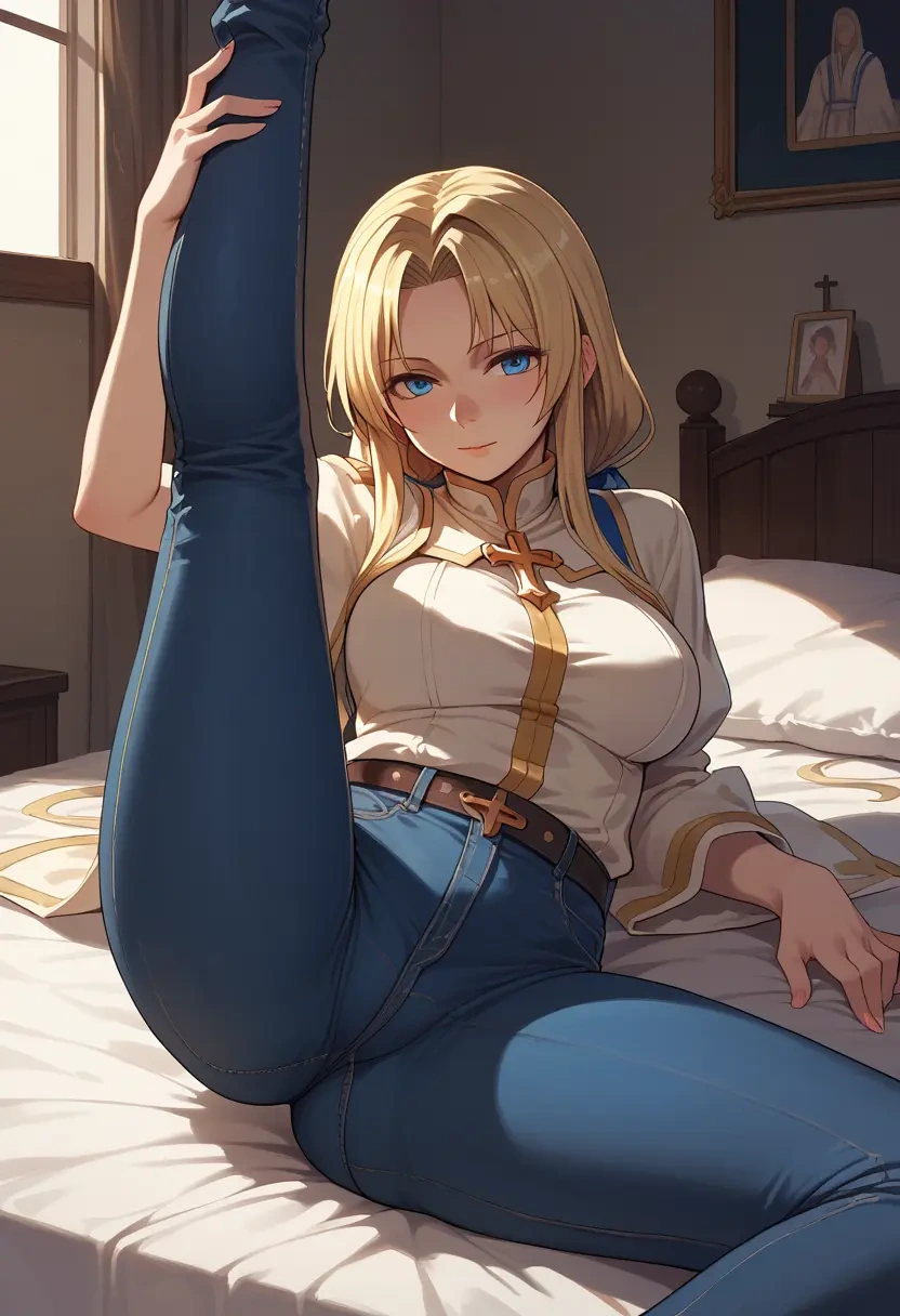 ragnarok_online,high_priest_(ragnarok_online),jeans shorts,spread legs,one leg up,sexy  - 