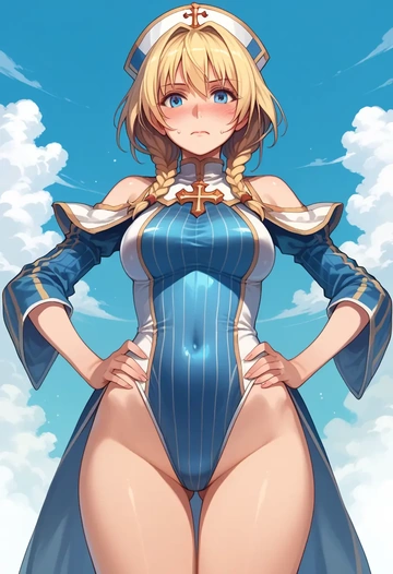 ragnarok_online,high_priest_(ragnarok_online),racerback swimsuit,striped trim,name tag patch  - AI generated anime art