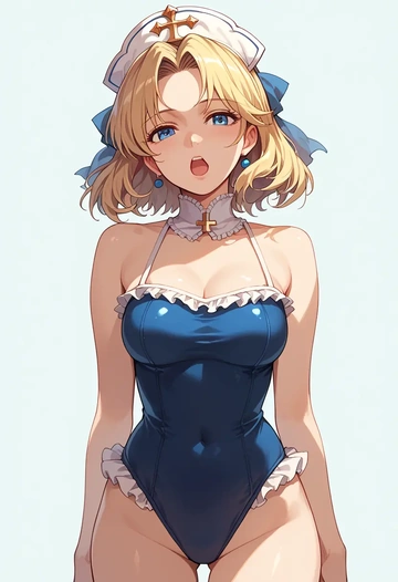 ragnarok_online,high_priest_(ragnarok_online),retro style swimsuit,frilled neckline,bow detail  - AI generated anime art