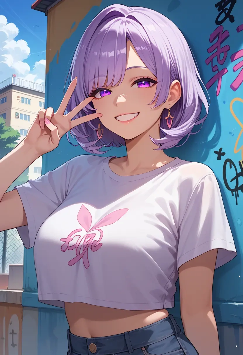 nijisanji,higuchi_kaede,crop graffiti tee,dolphin shorts  - 