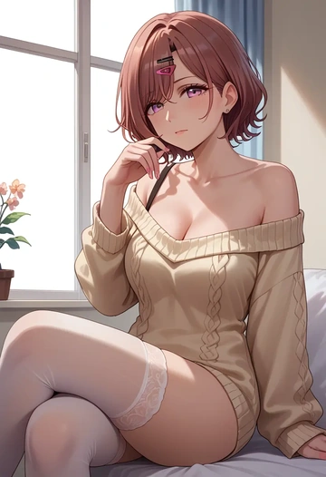 idolmaster,higuchi_madoka,cross-legged,Head resting on hand,off-shoulder,sweater  - AI generated anime art