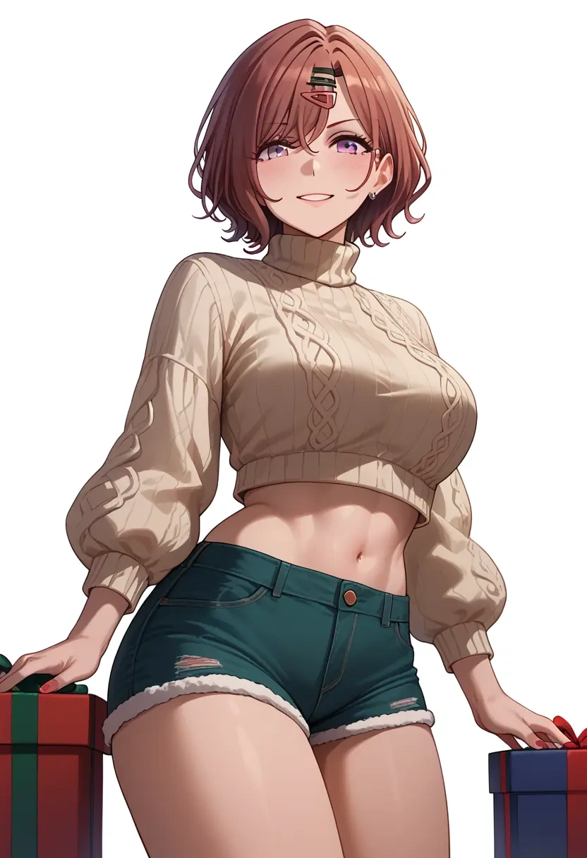 idolmaster,higuchi_madoka,Christmas,red velvet shorts,turtleneck sweater  - 