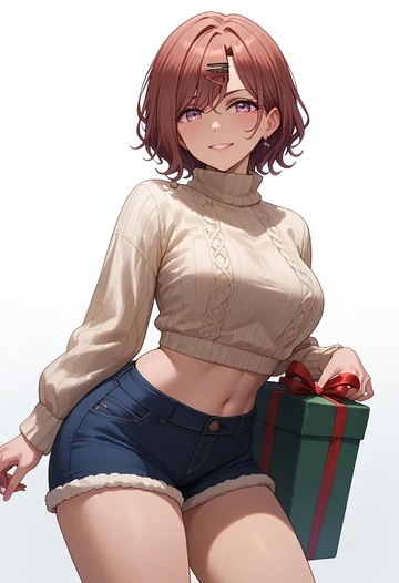 idolmaster,higuchi_madoka,Christmas,red velvet shorts,turtleneck sweater  - AI generated anime art