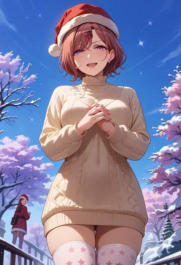 idolmaster,higuchi_madoka,Christmas,sweater dress,stockings  - AI generated anime art