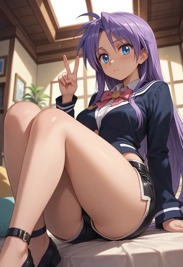 lucky_star,hiiragi_kagami,leather,shorts  - AI generated anime art