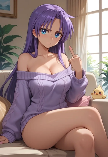 lucky_star,hiiragi_kagami,off-shoulder,sweater  - AI generated anime art