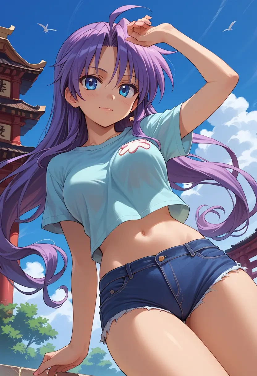 lucky_star,hiiragi_kagami,denim shorts  - 