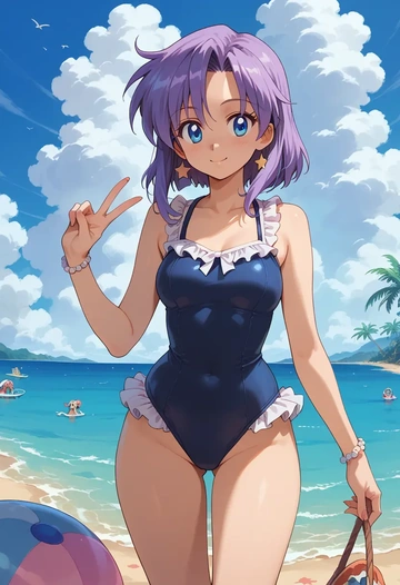 lucky_star,hiiragi_kagami,retro style swimsuit,frilled neckline,bow detail  - AI generated anime art