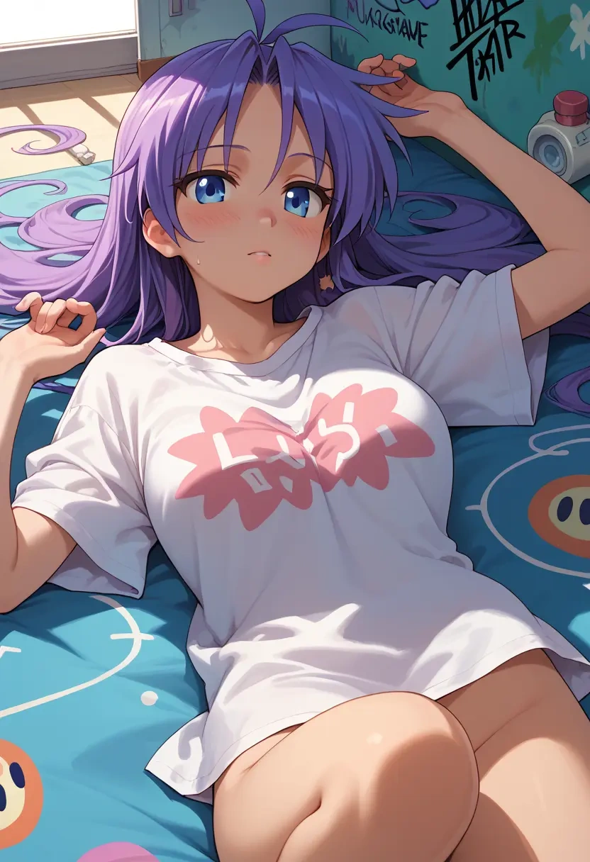 lucky_star,hiiragi_kagami,oversized graffiti shirt,dolphin shorts  - 