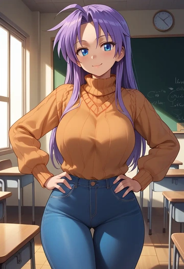 lucky_star,hiiragi_kagami,teacher, sweater, jeans shorts  - AI generated anime art