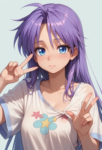 lucky_star,hiiragi_kagami,tie-dye shirt,dolphin shorts  - AI generated anime art