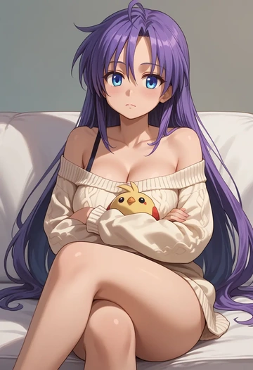 lucky_star,hiiragi_tsukasa,arms crossed,off-shoulder,sweater,cross-legged  - AI generated anime art