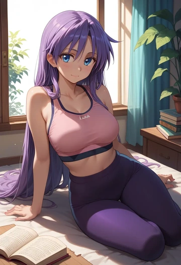 lucky_star,hiiragi_tsukasa,yoga shorts, bra  - AI generated anime art