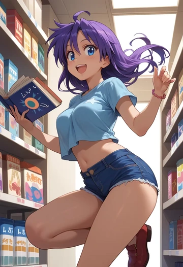 lucky_star,hiiragi_tsukasa,denim shorts  - AI generated anime art