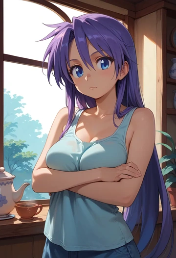 lucky_star,hiiragi_tsukasa,tank top,drawstring pants  - AI generated anime art