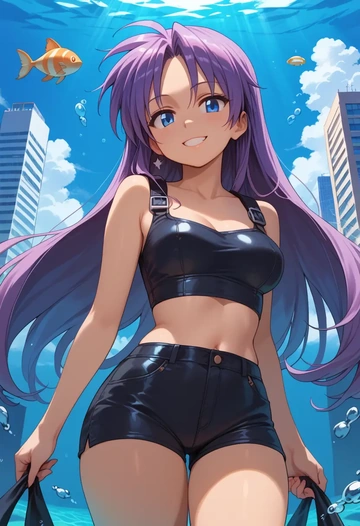 lucky_star,hiiragi_tsukasa,leather,shorts,crop top  - AI generated anime art