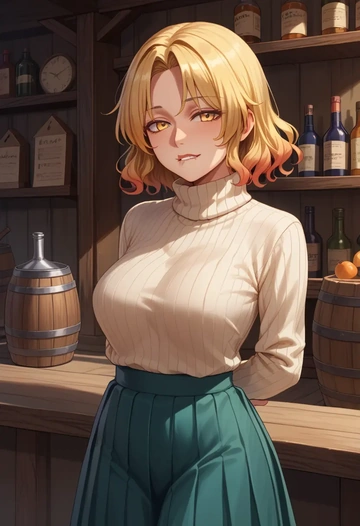 touhou,hijiri_byakuren,skirt,pleated,turtleneck sweater  - AI generated anime art