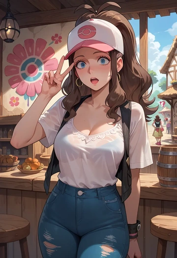 pokemon,hilda_(pokemon),floral graffiti blouse,dolphin shorts  - AI generated anime art