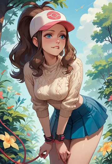 pokemon,hilda_(pokemon),sweater,cropped,pleated midi skirt  - AI generated anime art