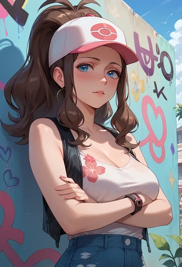 pokemon,hilda_(pokemon),floral graffiti blouse,dolphin shorts  - AI generated anime art