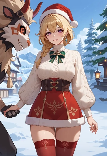 genshin_impact,hilichurl_(genshin_impact),Christmas,sweater dress,stockings  - AI generated anime art