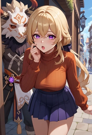 genshin_impact,hilichurl_(genshin_impact),skirt,pleated,turtleneck sweater  - AI generated anime art