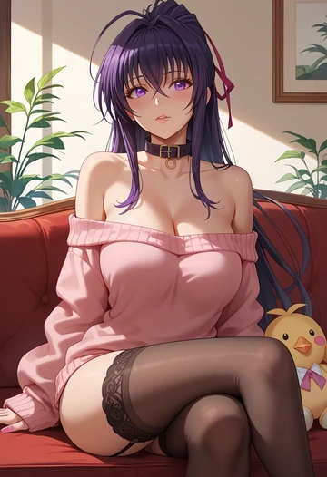 high_school_dxd,himejima_akeno,blushing,collar,off-shoulder,sweater,stockings  - AI generated anime art