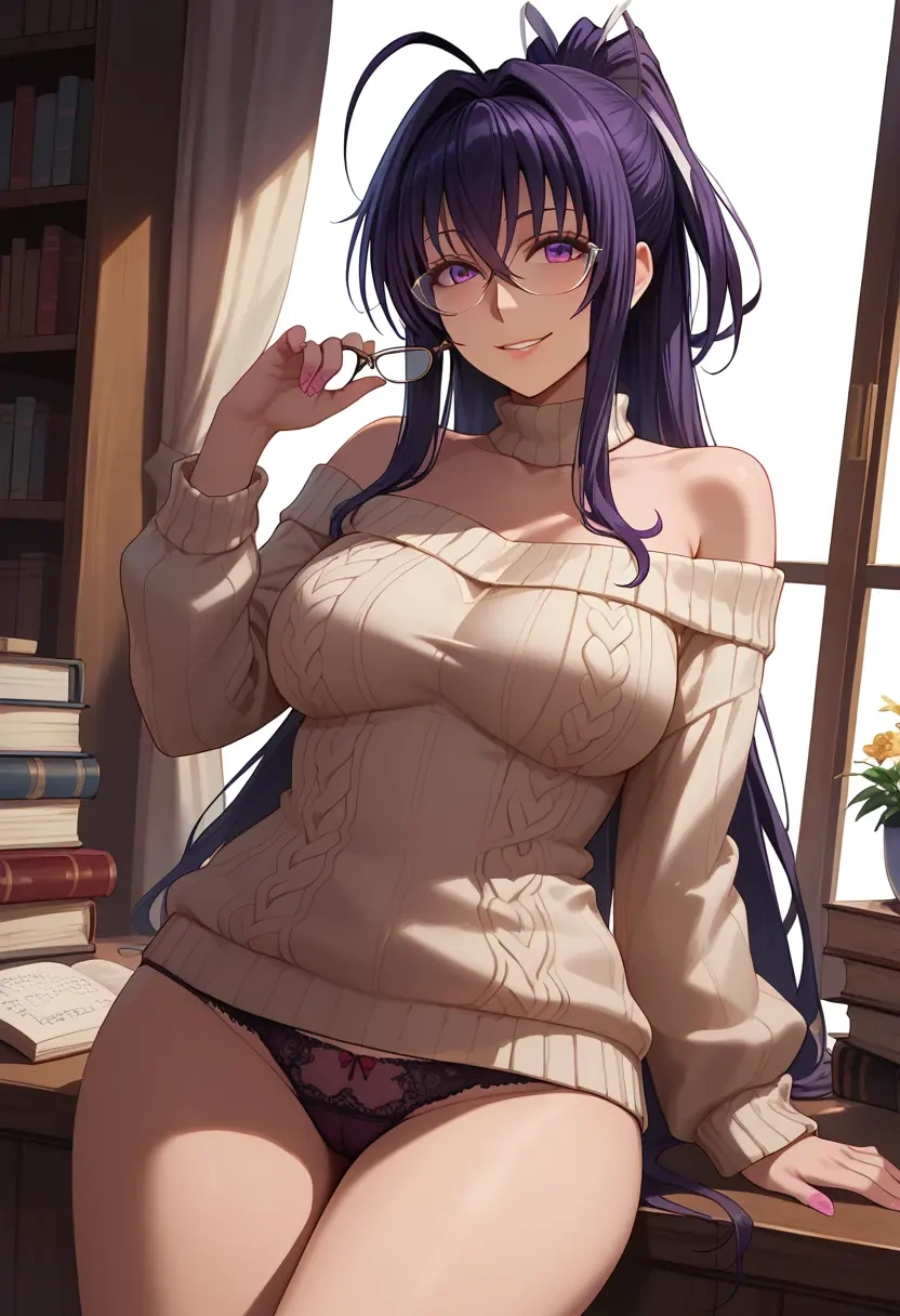 high_school_dxd,himejima_akeno,sweater,panties,off-shoulder,glasses,sexy  - 