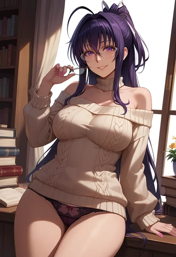 high_school_dxd,himejima_akeno,sweater,panties,off-shoulder,glasses,sexy  - AI generated anime art