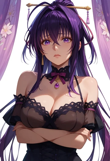 high_school_dxd,himejima_akeno,dark fairy blouse,layered tulle skirt,glitter stockings  - AI generated anime art