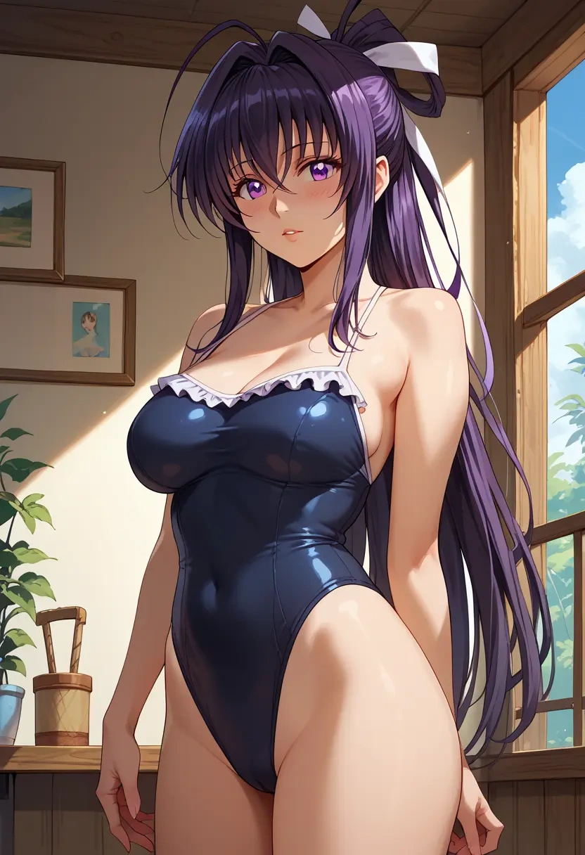 high_school_dxd,himejima_akeno,retro style swimsuit,frilled neckline,bow detail  - 