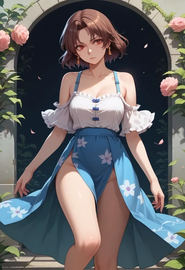 touhou,himekaidou_hatate,silk slip dress,floral prints  - AI generated anime art