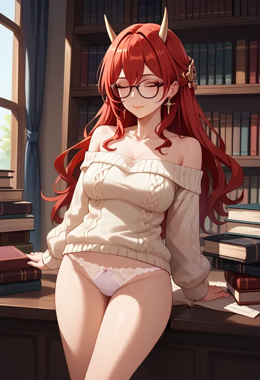 star rail,himeko,sweater,panties,off-shoulder,glasses,sexy  - 