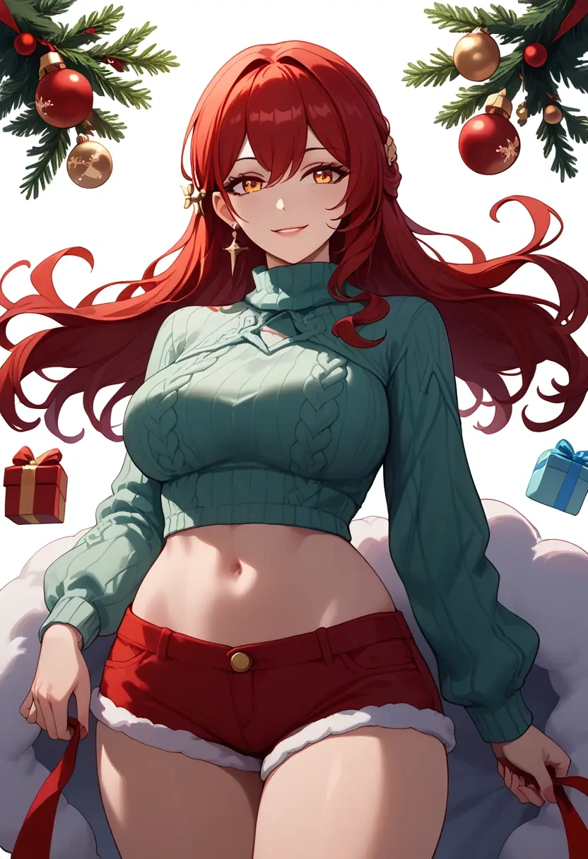 star rail,himeko,Christmas,red velvet shorts,turtleneck sweater  - 