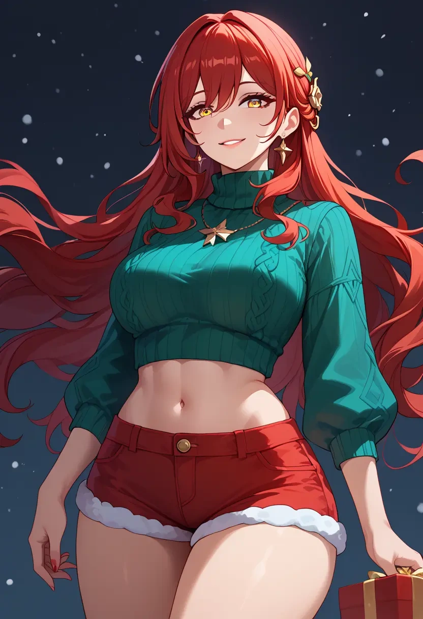 star rail,himeko,Christmas,red velvet shorts,turtleneck sweater  - 