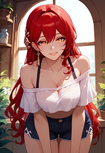 star rail,himeko,off-shoulder top,dolphin shorts  - AI generated anime art