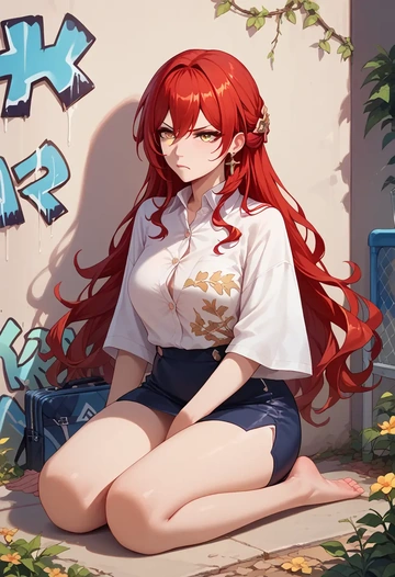 star rail,himeko,oversized graffiti shirt,dolphin shorts  - AI generated anime art