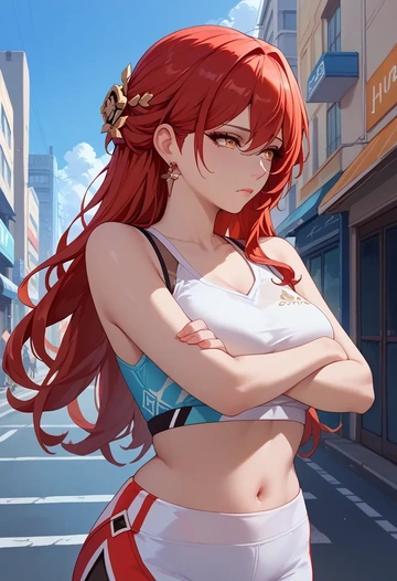 star rail,himeko,sports crop,high-waisted shorts  - AI generated anime art