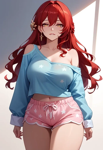 star rail,himeko,pajamas, low-waisted shorts  - AI generated anime art