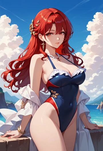 star rail,himeko,retro style swimsuit,frilled neckline,bow detail  - AI generated anime art