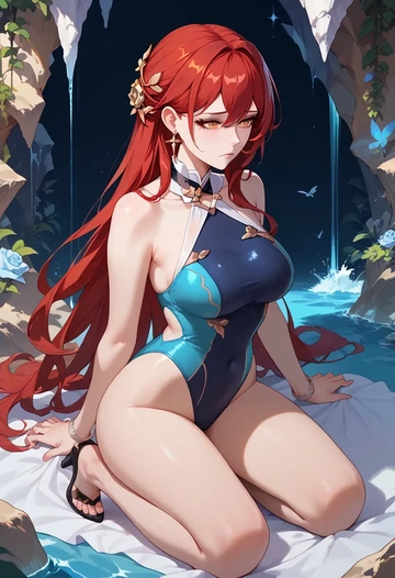 star rail,himeko,racerback swimsuit,striped trim,name tag patch  - AI generated anime art